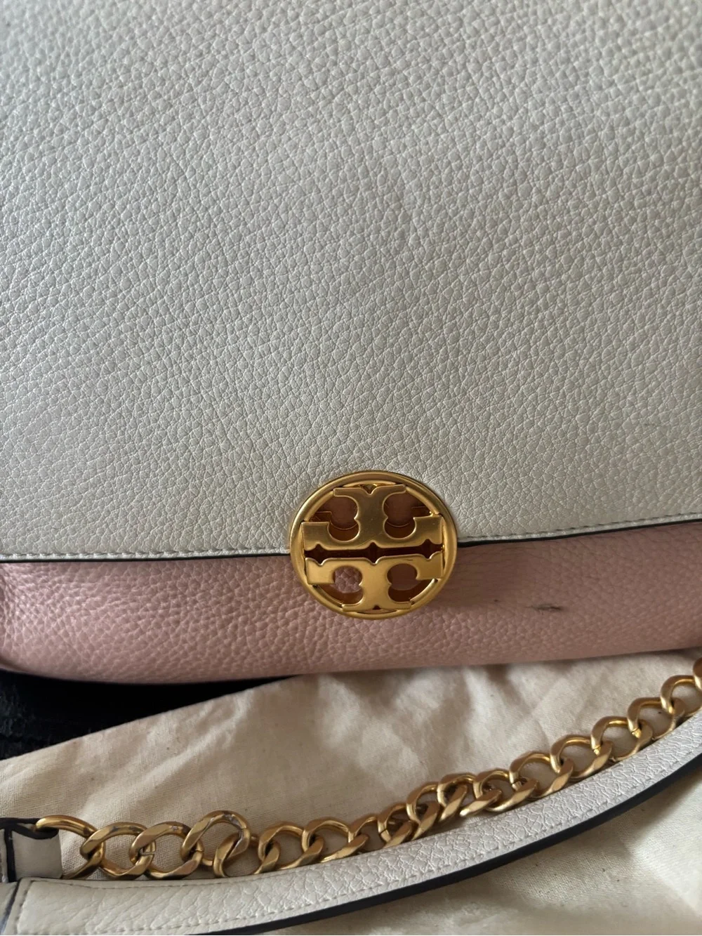 Tory Burch Two-Tone Cream & Blush Pebbled Leather Crossbody